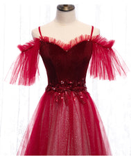 Off Shoulder Wine Red Velvet and Tulle Party Dress, A-line Tulle Floor Length Prom Dress