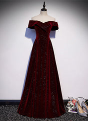 Off Shoulder Wine Red Velvet Long Party Dress, A-line Wine Red Evening Dress