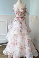 Off the Shoulder A-line Floral Wedding Dress with Ruffle Skirt