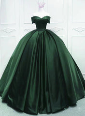 Off the Shoulder Ball Gown Dark Green Satin Quinceanera Dresses