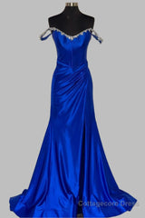 Off the Shoulder Beaded Blue Mermaid Prom Dress with Slit