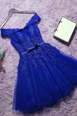 Off the Shoulder Blue Lace Prom Dresses, Off Shoulder Blue Homecoming Dresses, Short Blue Lace Formal Evening Dresses