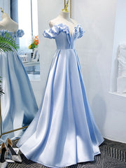 Off the Shoulder Blue Satin Prom Dresses, Sky Blue Off Shoulder Satin Long Formal Graduation Dresses