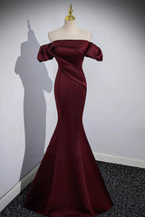 Off the Shoulder Burgundy Satin Long Prom Dresses, Wine Red Mermaid Formal Evening Dresses