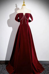 Off the Shoulder Burgundy Velvet Long Prom Dresses, Off Shoulder Wine Red Long Formal Evening Dresses