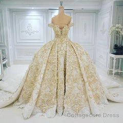 Off the shoulder Golden Lace Appliques Formal Ball Gown Wedding Dress