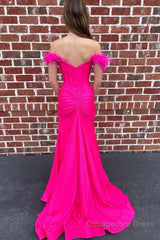 Off The Shoulder Hot Pink Mermaid Long Prom Dress with Feathers