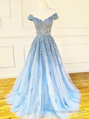 Off the Shoulder Light Blue Lace Prom Dresses, Off the Shoulder Blue Lace Formal Evening Dresses