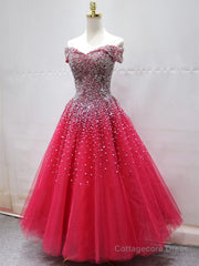 Off the Shoulder Red Long Prom Gown, Off the Shoulder Red Beaded Formal Evening Dresses