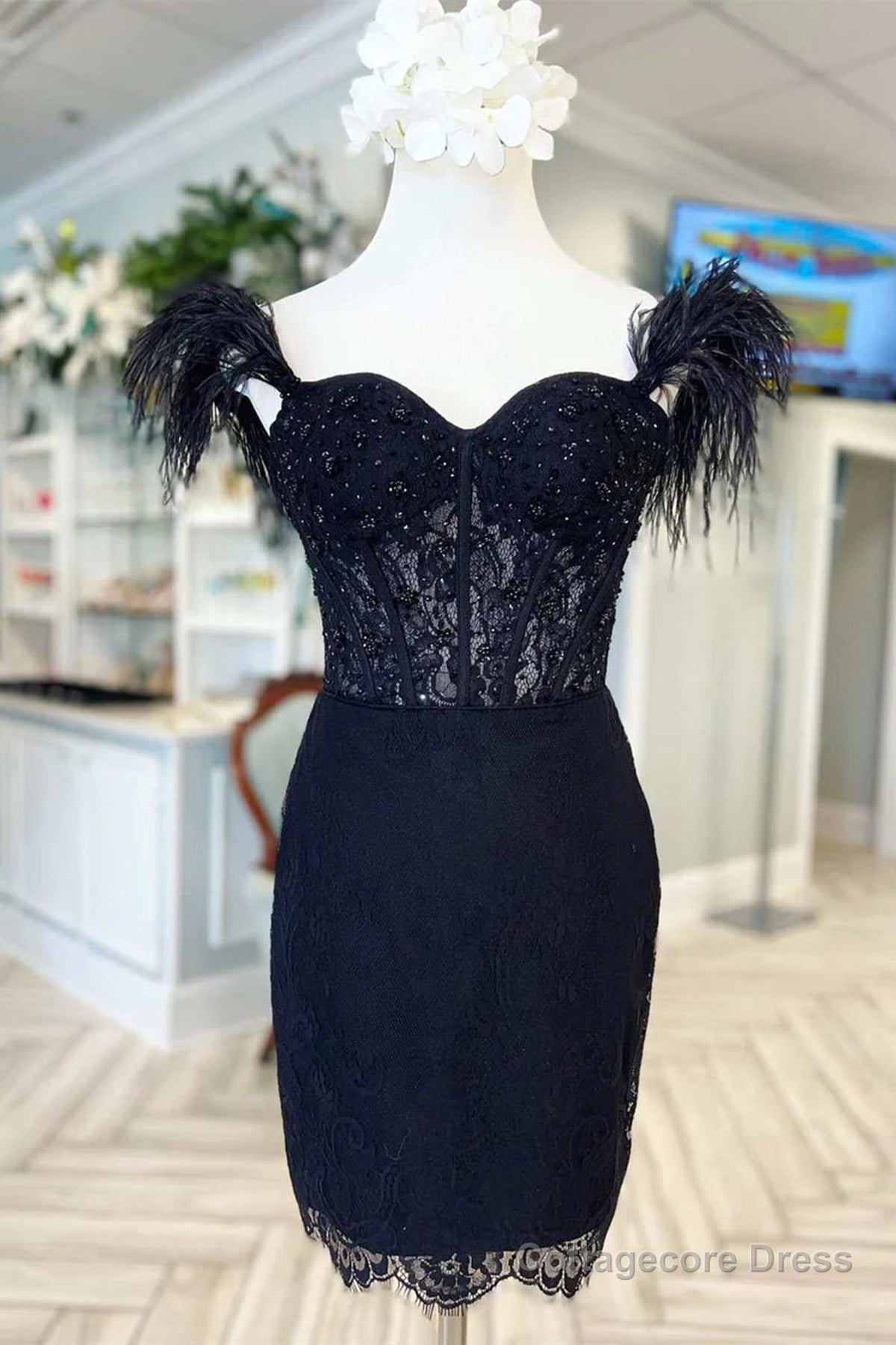 Off the Shoulder Short Black Lace Prom Dresses, Short Black Lace Formal Homecoming Dresses