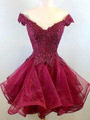 Off the Shoulder Short Burgundy Lace Prom Dresses, Short Burgundy Lace Graduation Homecoming Dresses