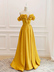 Off the Shoulder Yellow Burgundy Long Prom Dresses, Yellow Wine Red Long Satin Formal Dresses