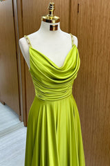 Olive Green Cowl Neck Chain Strap A-Line Long Prom Dress