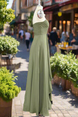 One ruffle Shoulder Long Dusty Sage Bridesmaid Dress