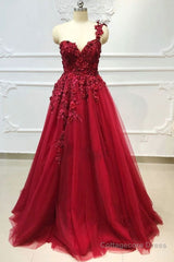 One Shoulder 3D Floral Burgundy Lace Long Prom Dress, Burgundy Lace Appliques Formal Graduation Evening Dress