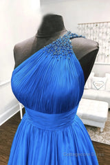 One Shoulder Backless Blue Chiffon Long Prom Dress, Beaded Blue Long Formal Evening Dress