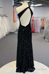 One Shoulder Black Sequins Mermaid Long Prom Dresses, Black Sequins Mermaid Long Prom Dresses