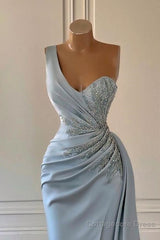 One shoulder blue prom dress in mermaid pleats