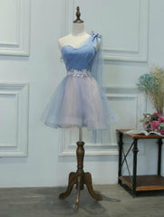 One Shoulder Blue Tulle Homecoming Dress