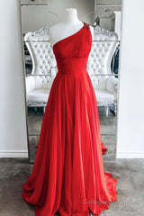 One Shoulder Open Back Red Long Prom Dresses, Backless Red Formal Graduation Evening Dresses