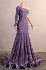 One Shoulder Purple Prom Dresses Sequin Mermaid Long Evening Formal Dresses