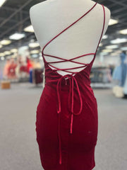 One Shoulder Short Burgundy Prom Dresses, Wine Red Short Formal Homecoming Dresses