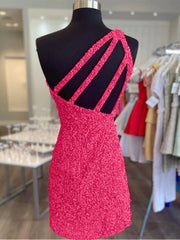 One Shoulder Short Hot Pink Prom Dresses, One Shoulder Short Hot Pink Formal Homecoming Dresses