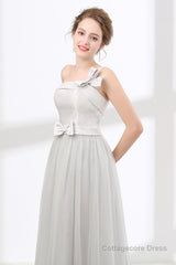 One Shoulder Soft Gray Floor Length Prom Dresses