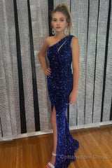 One Shoulder Sparkly Royal Blue Sequins Long Prom Dress with Slit