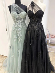 One Shoulder Tulle with Lace Applique High Slit Party Dress, Tulle Formal Prom Dress