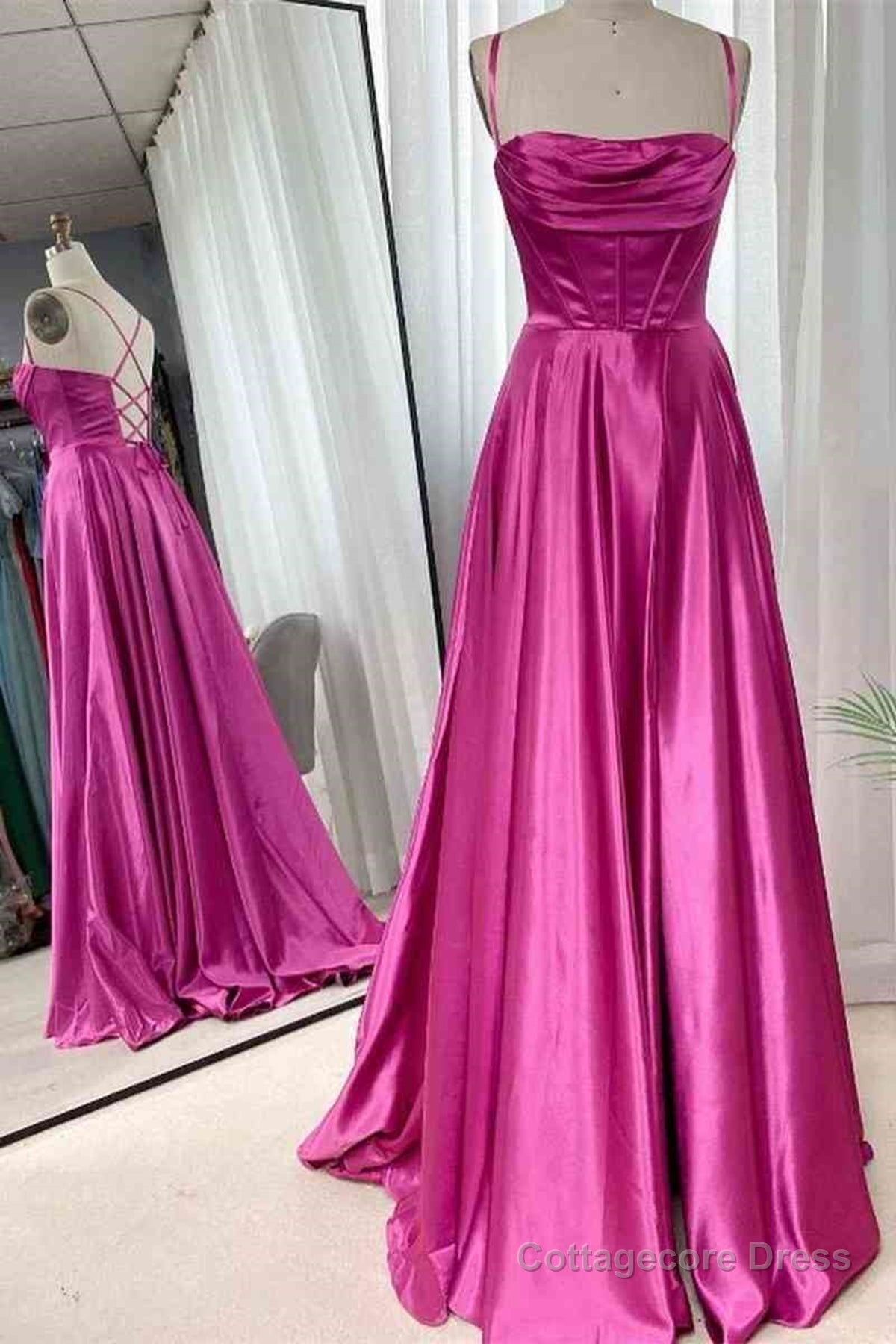 Open Back Fuchsia Satin Ruched Long Prom Dress, Long Fuchsia Formal Graduation Evening Dress