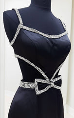 Open Back Satin Long Prom Dress with Cutouts and Bow Embellishments