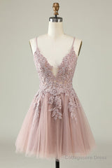 Open Back V Neck Pink Lace Appliques Prom Dress, Pink Lace Homecoming Dress, Short Pink Formal Graduation Evening Dress