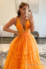 Orange Deep V-Neck Tiered Prom Dress