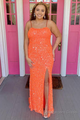 Orange Lace-Up Sequins Prom Dress with Slit