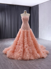 Orange Pink Strapless Tiers Ruffles Sequins Prom Dress