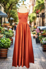 Orange Satin Prom Dresses A-line Square Neckline Spaghetti Straps Sweep Train Evening Dresses