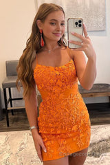 Orange Short Tight Homecoming Dress with Lace Beading