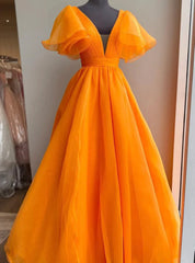 Orange V-neck Pleats Organza Prom Dress