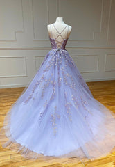 Purple Lace Long Prom Dresses, A-Line Backless Evening Dresses