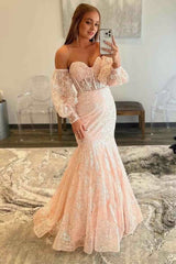 Peach Sweetheart Sheer Lace Corset Mermaid Prom Dress