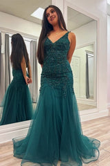 Peacock Mermaid V-Neck Appliques Tulle Long Prom Dress