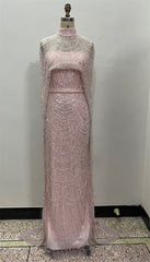 Pearl Pink Beading Prom Dresses Sweep Train High Neck Zipper Sleeveless Evening Dresses