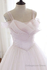 Pearl Pink Straps A Line Tulle Long Prom Dress with Pearls, Long Formal Gown