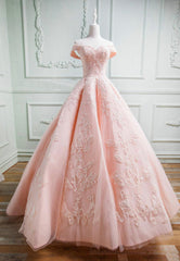 Pink Lace Long A-Line Prom Dresses, Off the Shoulder Evening Dresses