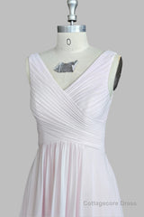 Pink A-Line Pleated V Neck Long Chiffon Bridesmaid Dresses