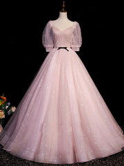 Pink A Line Puffy Sleeves Tulle Long Prom Dress, Pink Sweet 16 Dress