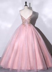 Pink Ball Gown Beaded V-neckline Prom Dress, Pink Sweet 16 Dresses