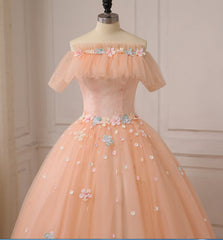 Pink Ball Gown Off Shoulder Tulle Sweet 16 Dress with Flowers, Pink Formal Dress