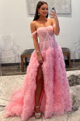 Pink Corset Off the Shoulder Long Prom Dress with Ruffles